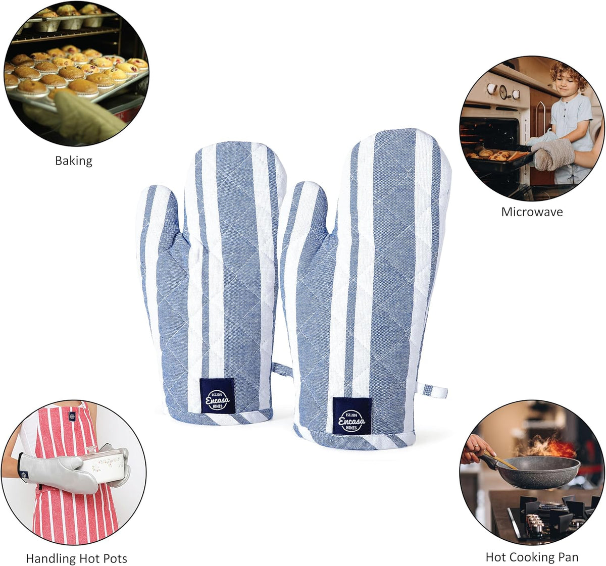 Encasa XO Long 12"x7" Oven Microwave Hand Gloves Mitts (2 pc Set) for Kitchen Cooking & Baking - Heat Resistant, Thick & Safe, Protection of Hands from Hot Utensils - Franca Blue Stripes