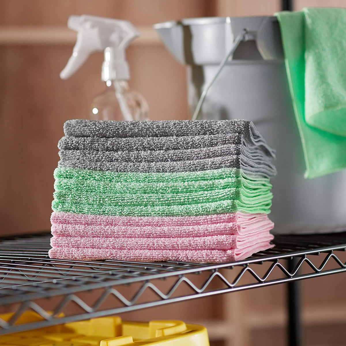 Amazon Basics Microfiber Cleaning Cloths, Ultra Soft and Absorbent, Free from Streaks/Lint/Scratch for Cars, 16" x 12", Green/Gray/Pink, 24-Pack