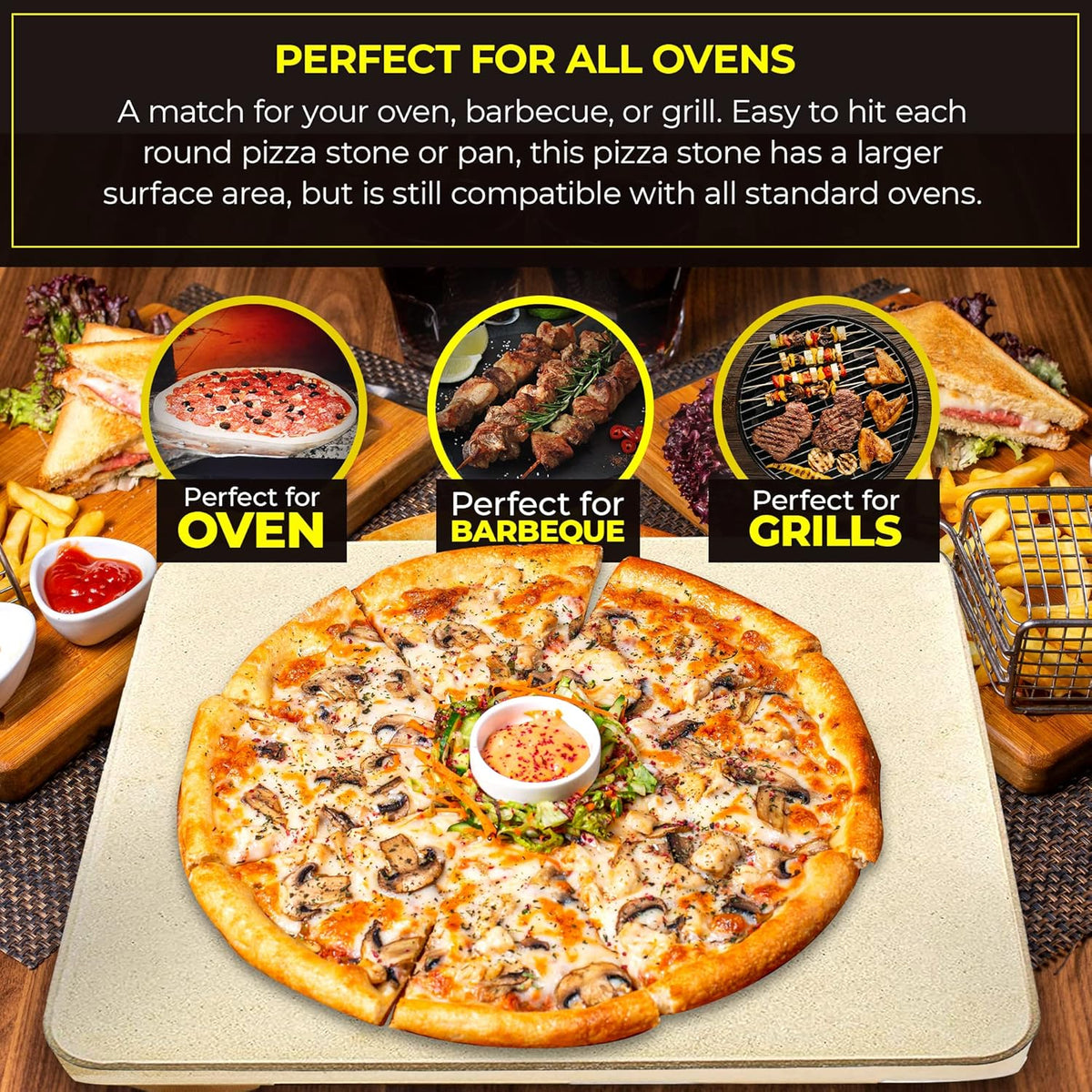 Pizza Stone - Baking Stone. SOLIDO Rectangular 14"x16" - Perfect for Oven, BBQ and Grill