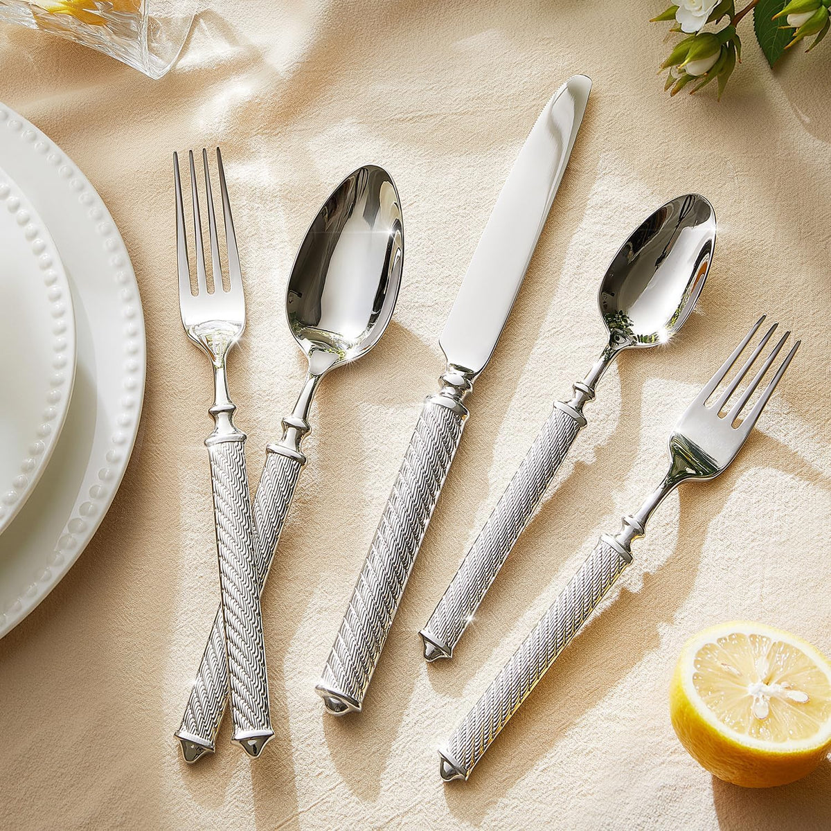 KINGSTONE Retro Rope-Pattern Silverware Set, 20-Piece Flatware Set Cutlery Set Forged with Handcrafted Texture Handles 18/10 Stainless Steel, Dishwasher Safe