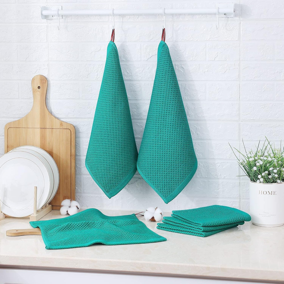 Kitinjoy 100% Cotton Kitchen Dish Cloths, 8 Pack Waffle Weave Ultra Soft Absorbent Dish Towels for Drying Dishes Quick Drying Kitchen Towels Dish Rags, 12 X 12 Inches, Teal