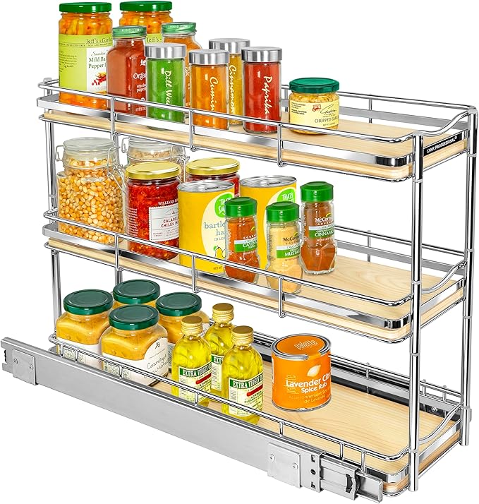 LYNK PROFESSIONAL® Élite™ Pull Out Spice Rack Organizer for Inside Kitchen Cabinets - 6"x21" - Slide Out Drawer – Wood/Chrome Sliding Spice Cabinet Organization Shelf Racks - 3 Tier
