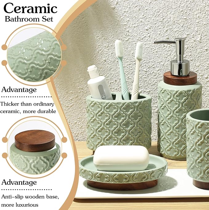 Bathroom Accessories Set 6 Pieces Toothbrush Holder Soap Dispenser Ceramic Bathroom Accessory Set Contain Toothbrush Cup Soap Dish Tumbler Green