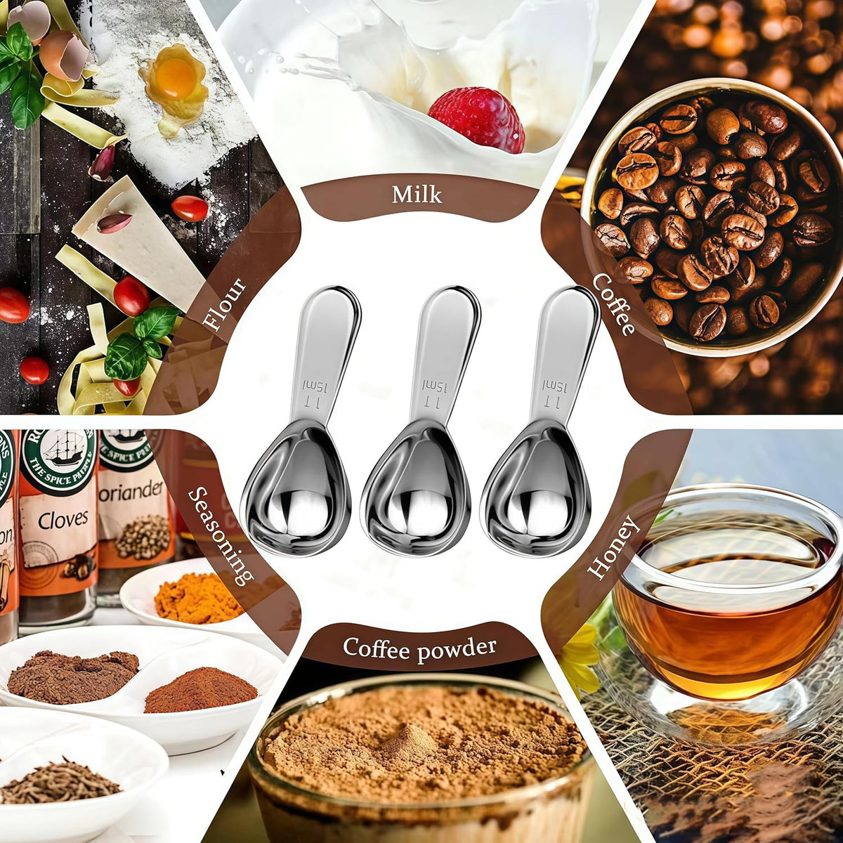3 Piece 15g Coffee Scoop, Stainless Steel with Graduated Spoon for Coffee Beans, Sugar, Flavourings, etc