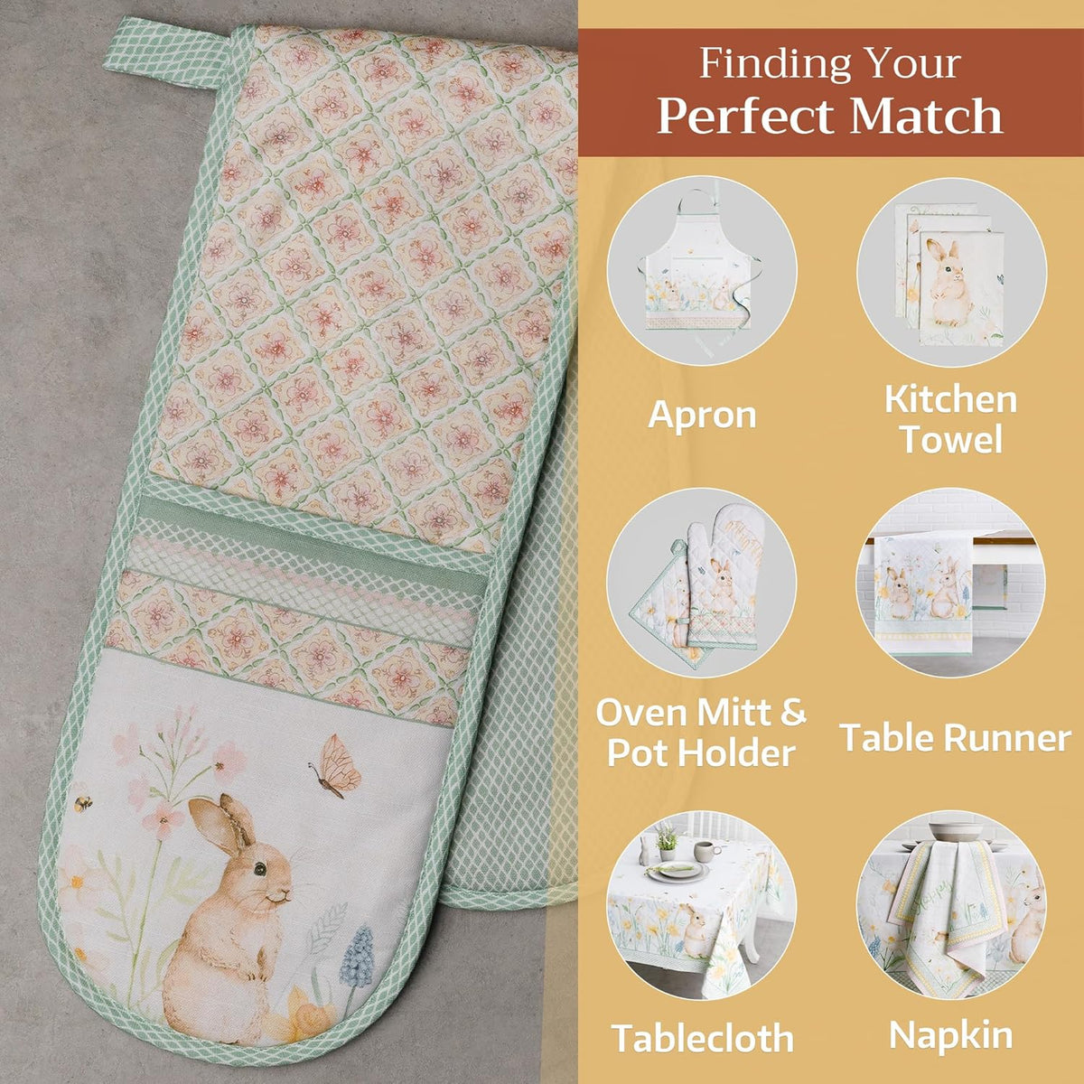 Maison d' Hermine Double Oven Mitts 100% Cotton 7"x35" Double Oven Mitt Heat Resistant BBQ Cooking Gloves with Loop, Baking, Grilling, Home, Kitchen, Handling Hot Pans Spring Summer (Easter Dew)