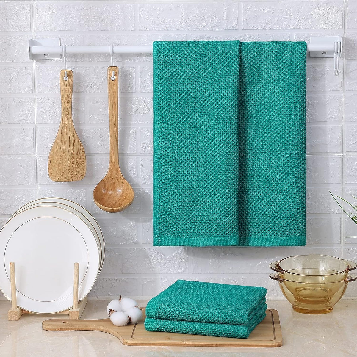 Kitinjoy 100% Cotton Waffle Weave Kitchen Towels, 6-Pack Super Soft and Absorbent Dish Towels for Drying Dishes, Kitchen Hand Towels, 13 in x 28 in, Teal