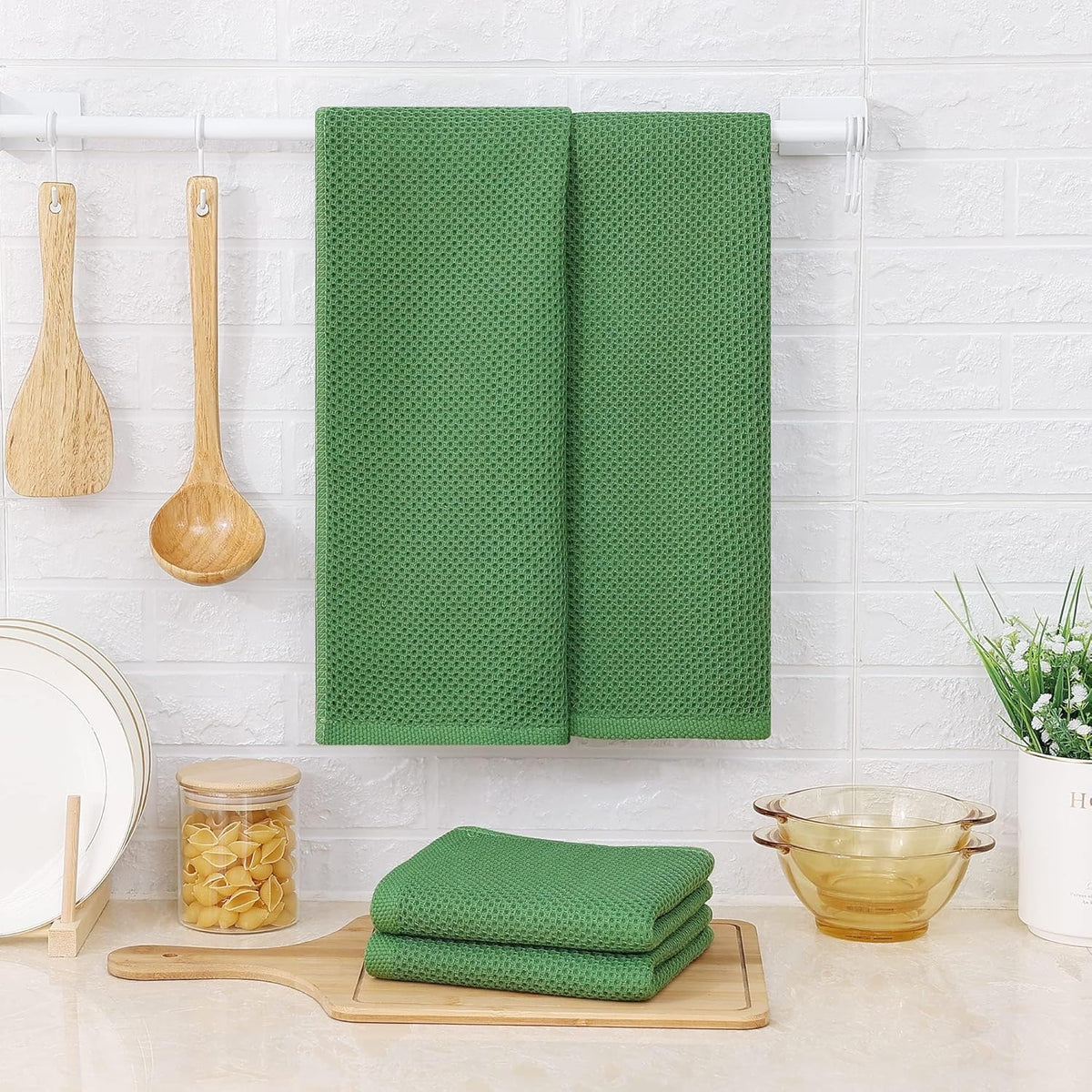 Kitinjoy 100% Cotton Waffle Weave Kitchen Towels, 4-Pack Super Soft and Absorbent Dish Towels for Drying Dishes, Kitchen Hand Towels, 13 in x 28 in, Grass Green