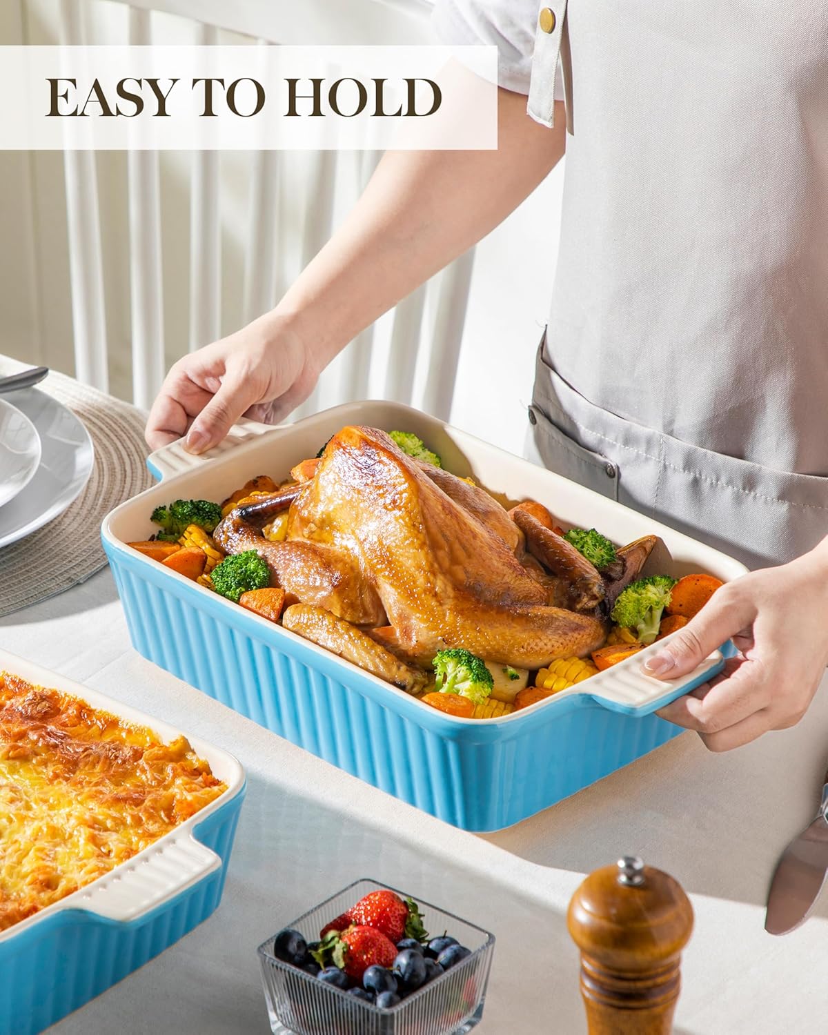 MALACASA 4.4 QT Baking Dish, 9x13 Large Casserole Dish for Oven, Ceramic Baking Pan, Rectangular Lasagna Pan Deep with Handles for Baking, Durable Microwave Oven Safe, Blue, Series BAKE-BAKE