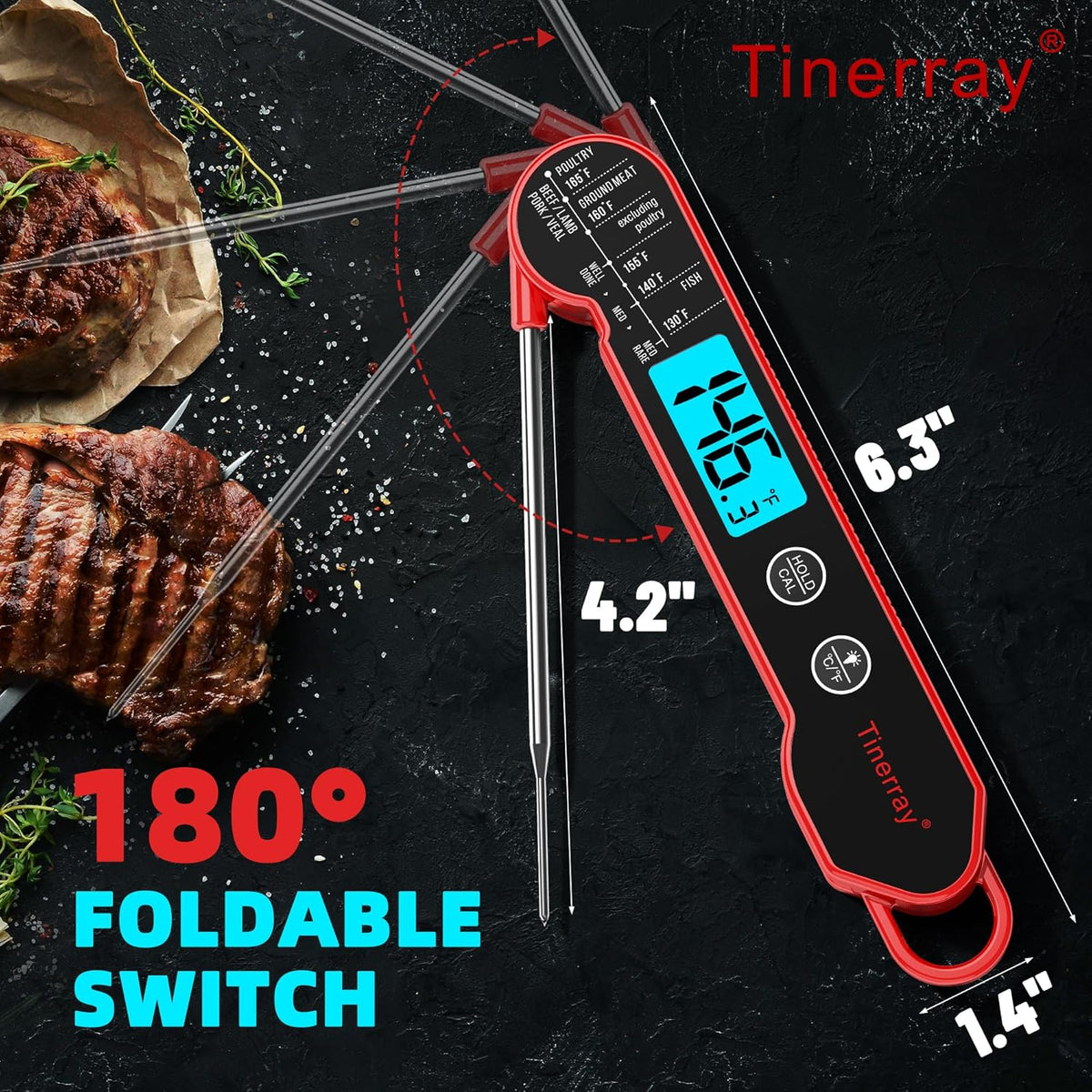 Digital Meat Thermometer for Cooking – Waterproof Instant Read Food Thermometer with Backlight & Calibration, Fast Read, Folding Probe for BBQ, Grill, Candy, Deep Fry, Kitchen, Liquids, Beef(Red)