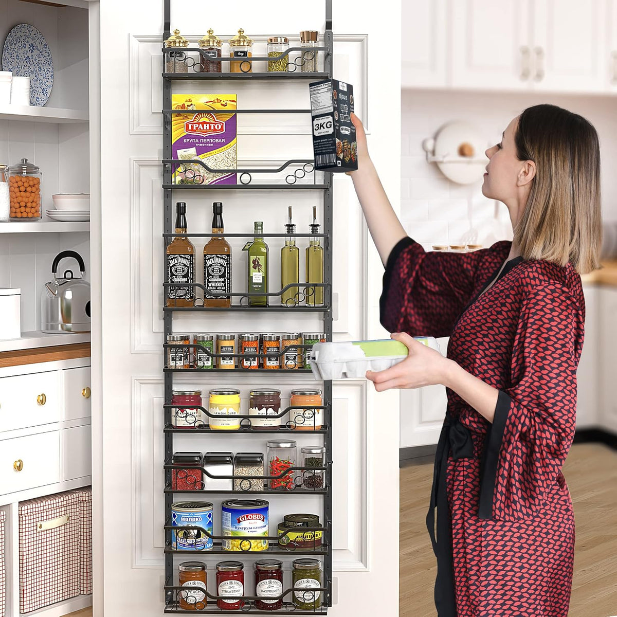 Moforoco 8-Tier Over The Door Pantry Organizer, Pantry Organization and Storage, Black Hanging Basket Wall Spice Rack Seasoning Shelves, Home & Kitchen Laundry Room Bathroom Essentials accessories