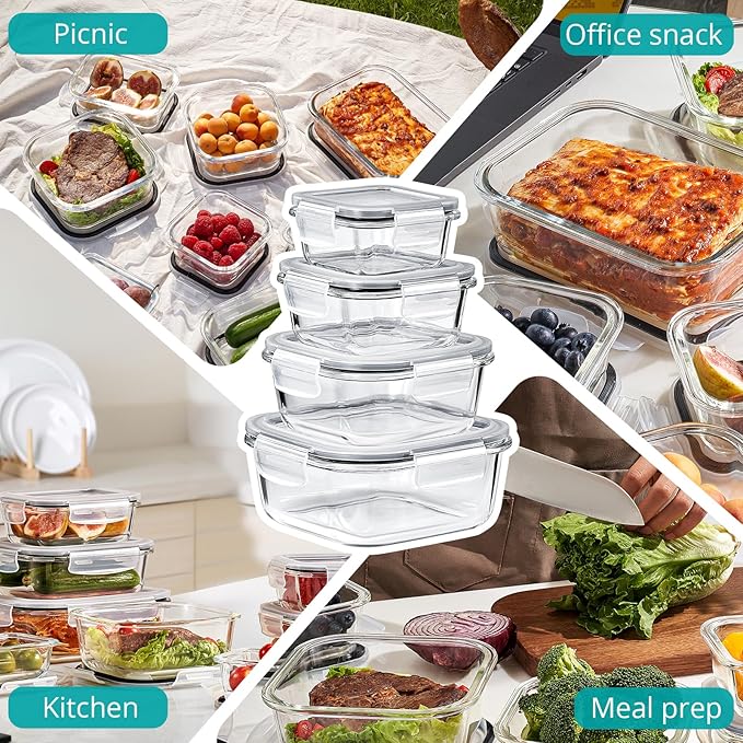 Sorbus 16pc Glass Meal Prep Containers Set – 4 Square and 4 Round Food Storage Containers with Airtight Lids – Freezer, Dishwasher, Oven Safe – Reusable Glass Containers for Meal Prep and Storage