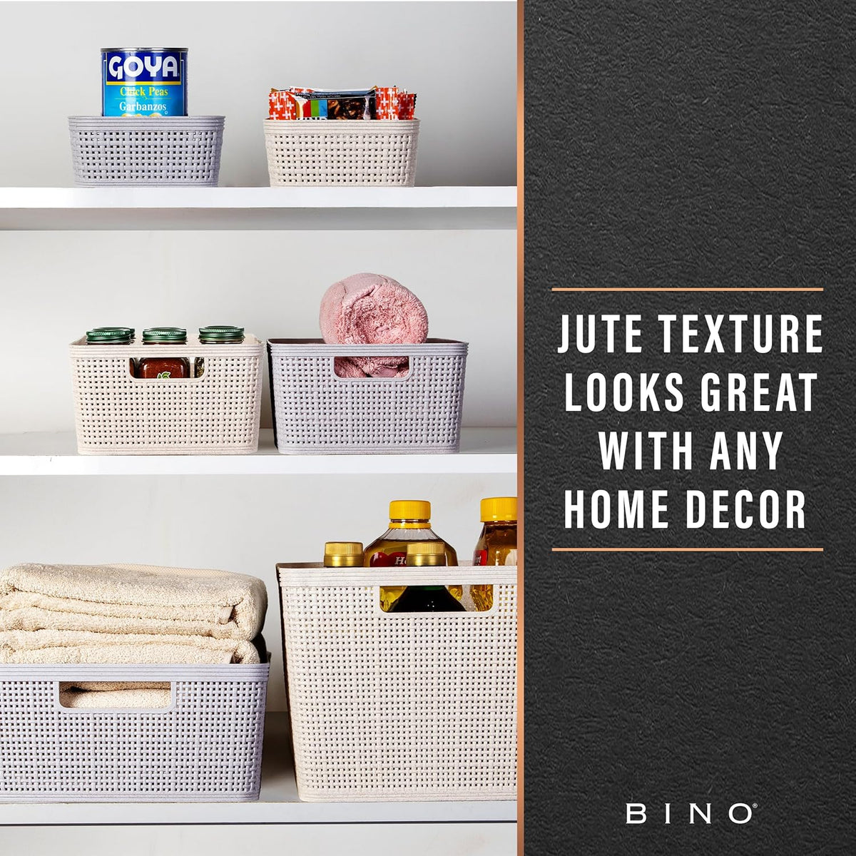 BINO | Woven Plastic Basket | XS (Natural Grey), 5-Pack | THE JUTE COLLECTION | Home Organization, Space - Saving Storage, Stylish Design | Jute Basket | Plastic Storage Basket