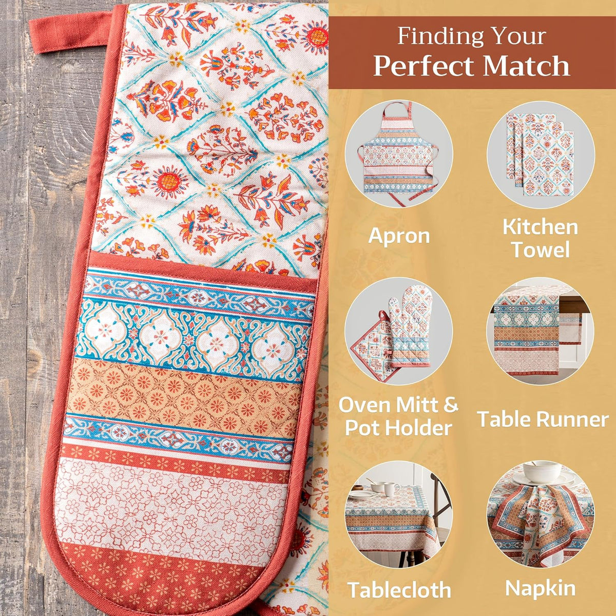 Maison d' Hermine Double Oven Mitts 100% Cotton 7"x35" Double Oven Mitt Heat Resistant BBQ Cooking Gloves with Loop, Baking, Grilling, Home, Kitchen, Handling Hot Pans (Romane)