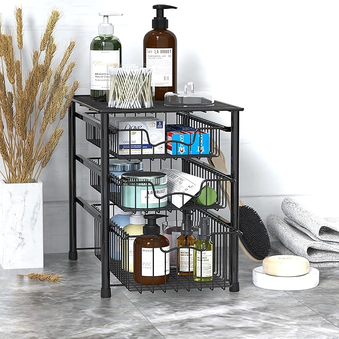 Simple Houseware 3-Tier Stackable Sliding Basket Storage Organizer Drawer for Bathroom and Kitchen, Black