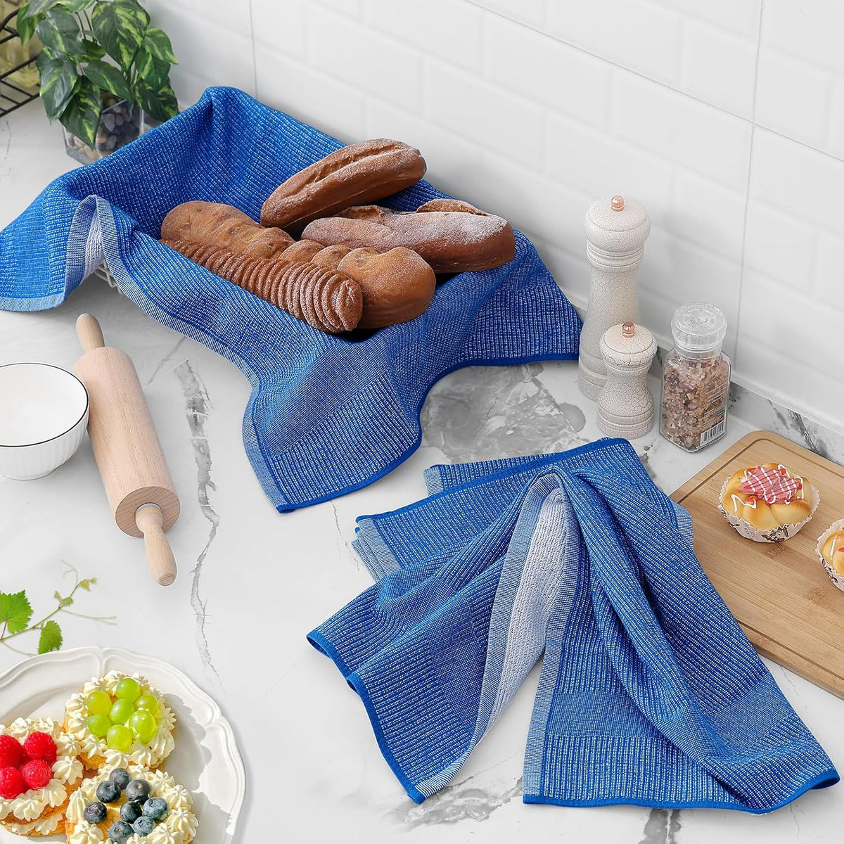 Homaxy Premium Kitchen Towels(18”x 28”, 6 Pack), Large Cotton Kitchen Hand Towels, Flat and Terry Dish Towels, 380 GSM Highly Absorbent Tea Towel Set with Hanging Loop, Blueberry