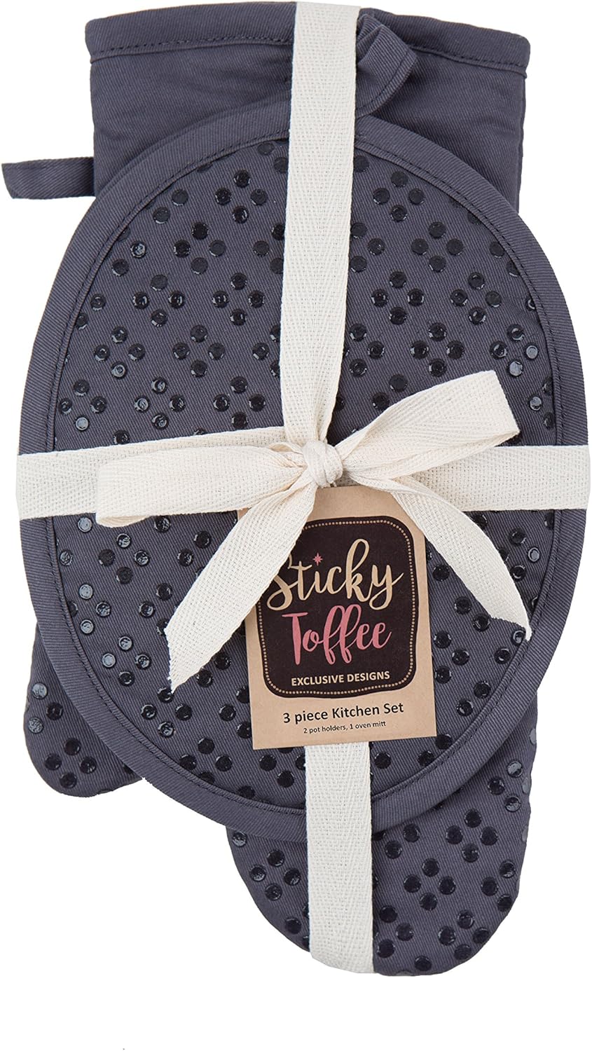 Sticky Toffee Oven Mitt and Pot Holder Set of 3 – Gray Non-Slip Kitchen Hot Pads and Mitts with Silicone Grip, 100% Cotton Shell, Oeko-Tex Cotton
