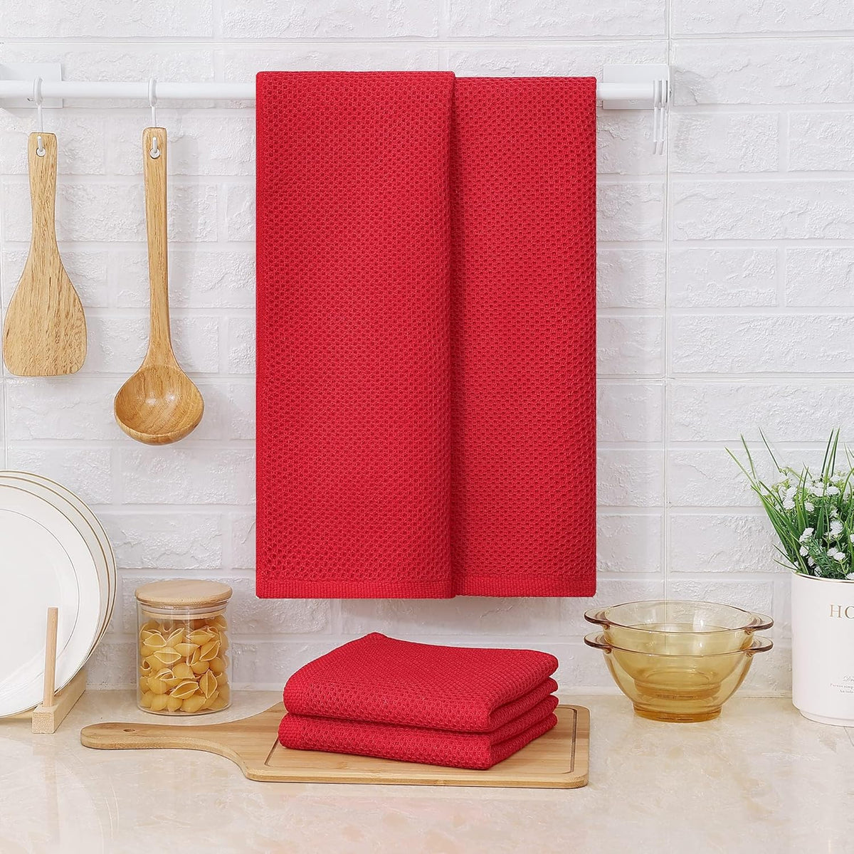 Kitinjoy 100% Cotton Waffle Weave Kitchen Towels, 8-Pack Super Soft and Absorbent Dish Towels for Drying Dishes, Kitchen Hand Towels, 13 in x 28 in, Red