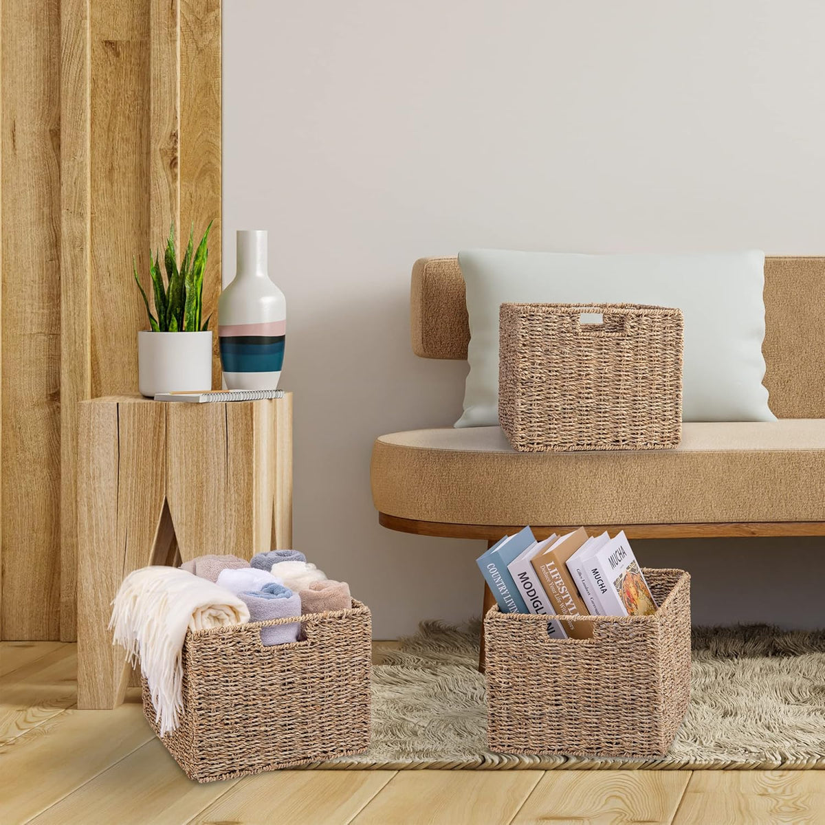 Seagrass Storage Baskets, 12X12X10in Cube Wicker Storage Basket for Shelves, Pantry Baskets Organization and Storage, Kitchen Storage Baskets, Bathroom Shelves Storage Basket Set of 3