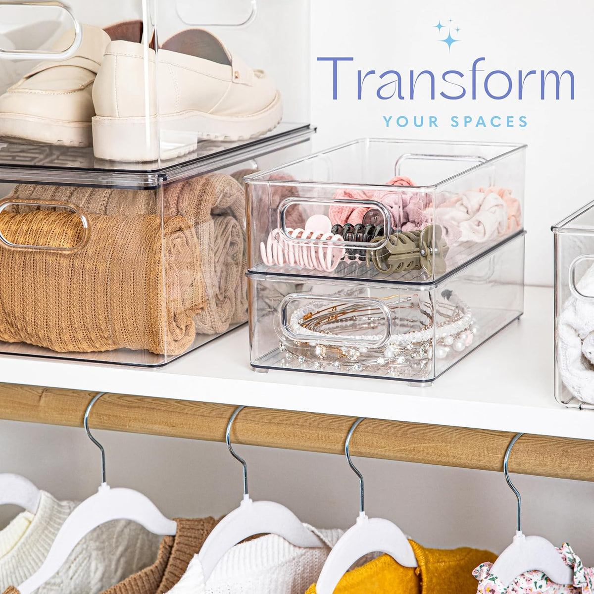 Plastic Food Storage Clear Container Bin with Handles for Organizing Kitchen, Pantry, Refrigerator, Freezer, Pantry, Cabinet, Closet, Bathroom. Stackable 10”x6”x3”