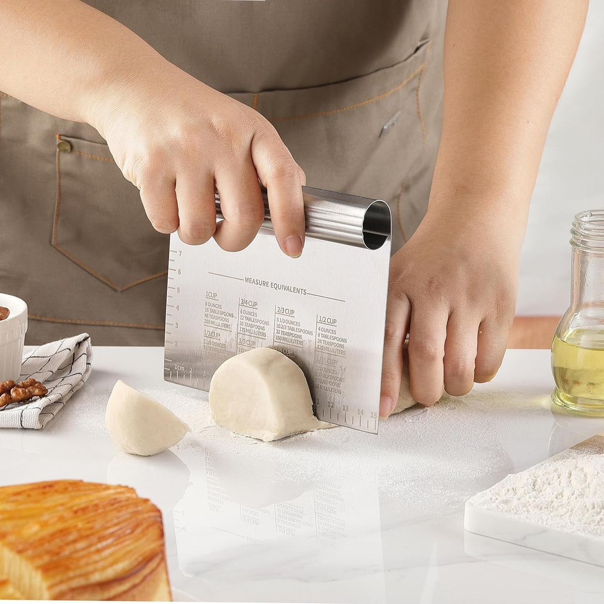 2PCS Dough Pastry Bench Cutter Scraper, OLULU Stainless Steel Kitchen Food Scraper with Protective Cover, Anti-Wear Laser-Engraved Measuring Scale and Ear Of Wheat, Dishwasher Safe (2Pack, 6 inch)