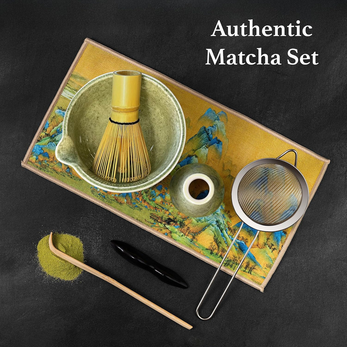 Green Matcha Whisk Set – 7 Pcs Japanese Matcha Kit, Bowl (Chawan) with Spout, Bamboo Whisk (Chasen) & Holder, Scoop (Chashaku), Sifter, Tea Towel – Perfect for Matcha Lovers & Tea Ceremony