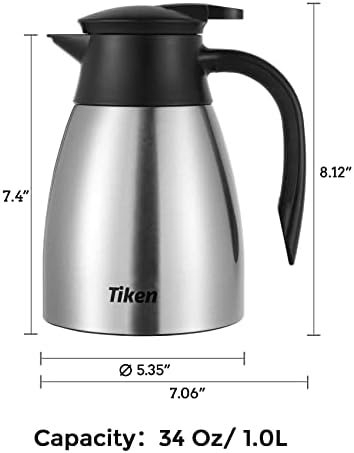 Tiken 34 Oz Thermal Coffee Carafe, Stainless Steel Insulated Vacuum Coffee Carafes For Keeping Hot, 1 Liter Beverage Dispenser (Silver)