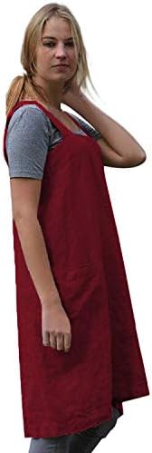 Women's Pinafore Square Apron Baking Cooking Gardening Works Cross Back Cotton/Linen Blend Dress with 2 Pockets