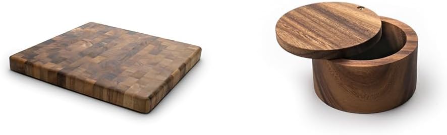 Ironwood Gourmet 28218 Square Charleston End Grain Chef's Board, Acacia Wood 14" Square & 28221 Appalachian Salt Cellar, Acacia Wood, 4 x 4 x 2.5 inches, Brown
