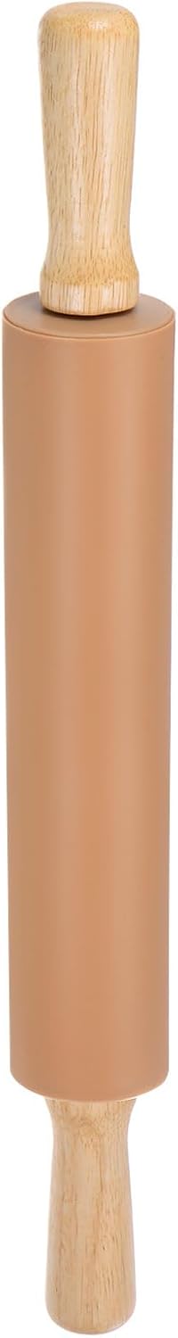 HARFINGTON Silicone Rolling Pins for Baking 16.93 Inch Non-Stick Silicone Surface Wooden Handle Rolling Pin Small Roller Playdough Rolling Pins for Fondant Kitchen Dough Pizza, Brown