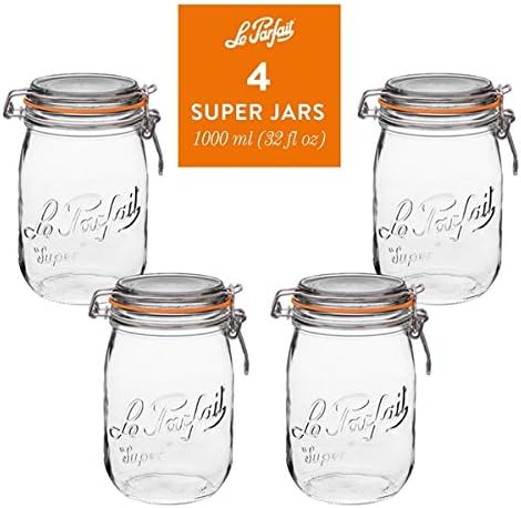 Le Parfait Super Jar, Canning Jars, 1L French Glass Canning Jar w/Round Body, Glass Jars With Airtight Lid, Canning Jars Wide Mouth, Glass Jar With Lid, Clear Jars, Clear Glass Jars (32oz/Quart, 4 pk)