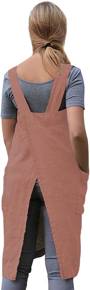 Women's Pinafore Square Apron Baking Cooking Gardening Works Cross Back Cotton/Linen Blend Dress with 2 Pockets
