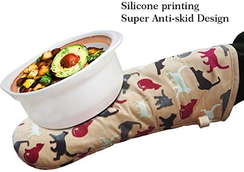 RED LMLDETA Oven Mitts Gloves 1 Pair Heat Resistant 480 ℉ Non Slip Clear Silicone Printed Comfortable Cotton Lining Kitchen Women Men Cooking Barbecue Microwave Machine Washable (Cat, Khaki Mittens)