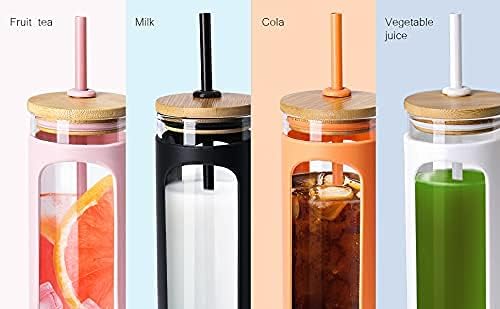 Kodrine 20oz Glass Tumbler with Straw and Lid, Iced Coffee Cups with Bamboo Lids, Glass Cups for Cold Drinks, Smoothie Cup with Silicone Sleeve for Travel, Work, BPA FREE-SkyBlue