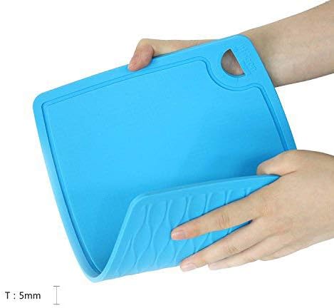 Thick Silicone Cutting Board 12.6'' x 9.1'' Foldable & Flexible Design Juice Grooves Easy Grip Handle Dishwasher Safe-Blue