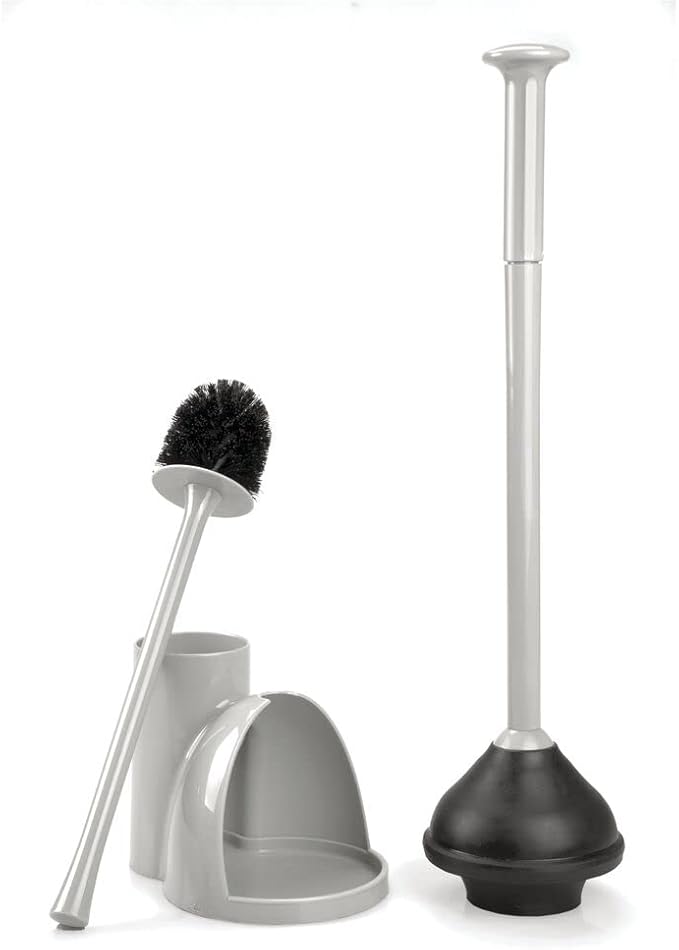 mDesign Hidden Plunger and Brush Set for Toilet Bowl - Brush Cleaner and Plunger Combo with Holder Caddy for Bathroom - Modern Toilet Brush and Plunger Set - Aura Collection - Light Gray