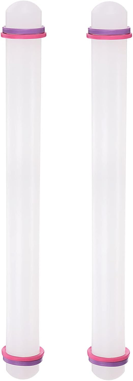 HARFINGTON 2pcs Fondant Rolling Pin with Rings PP 43cm x 3.5cm Non Stick for Baking, White
