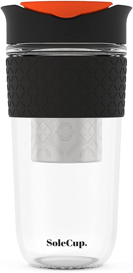 Large Travel Mug Loose Tea Infuser - Detachable Tea Strainer with Spill Proof Lid - 18oz/530ml BPA-Free Reusable Glass Travel Coffee Cup with Silicone Band (Pink) (Black)