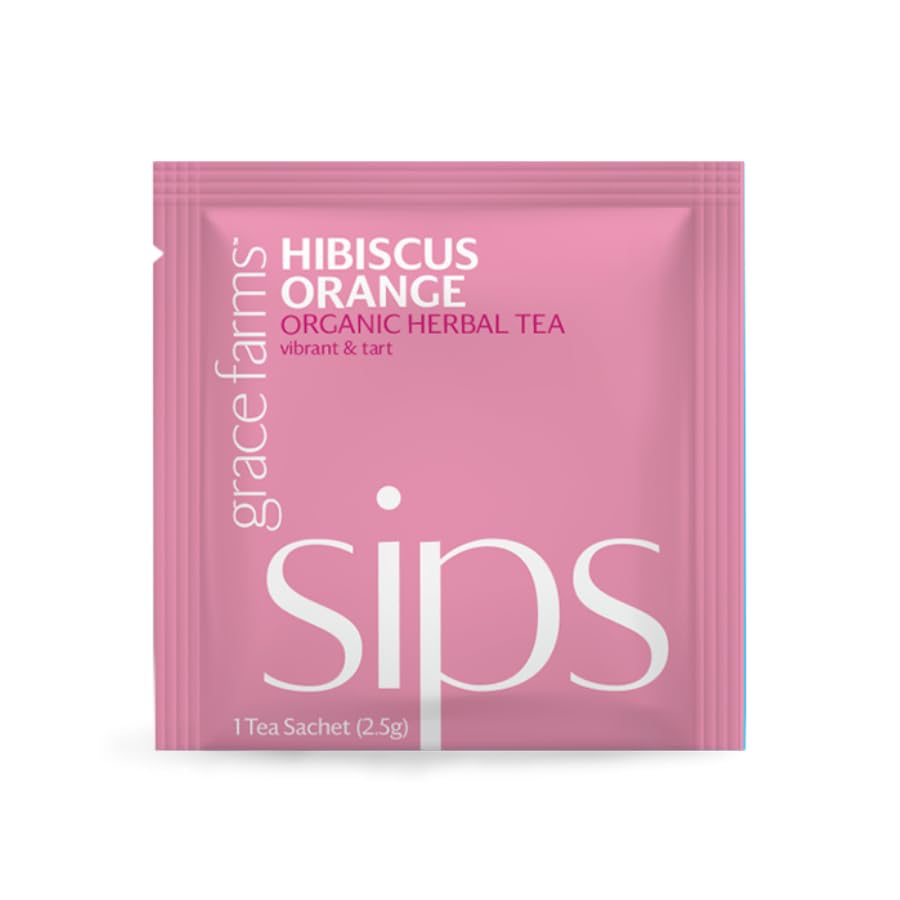 Grace Farms Organic HIBISCUS ORANGE Herbal Tea (100 Enveloped Pyramid Sachets w/String & Tag) | Healthy and Caffeine Free | Organic, Fair Trade and Kosher Certified | Gives Back 100% of Profits