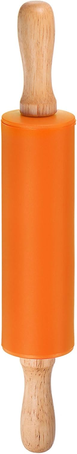 HARFINGTON Silicone Rolling Pins for Baking 12 Inch Wooden Handle Non Stick Rolling Pin Small Roller Playdough Rolling Pins for Dough Pizza Pastry Fondant Kitchen, Orange