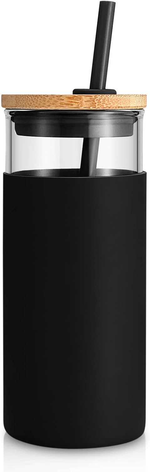 Tronco 20 oz Glass Tumbler with Lid and Straw, Reusable Iced Coffee Cup with Silicone Sleeve & Bamboo Lid, Smoothie Cup for Home, Office, for Father Men Day Gift from Wife Daughter Son (Black)