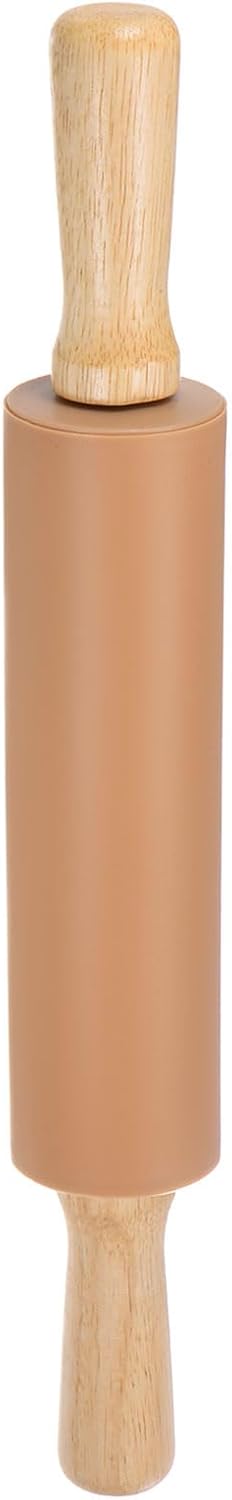 HARFINGTON Silicone Rolling Pins for Baking 14.96 Inch Non-Stick Silicone Surface Wooden Handle Rolling Pin Small Roller Playdough Rolling Pins for Fondant Kitchen Dough Pizza, Brown