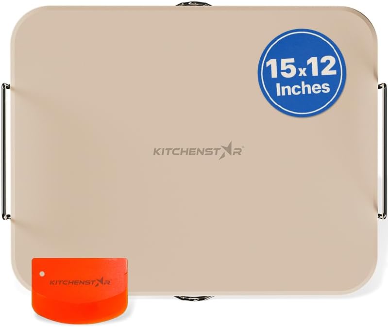 KitchenStar 15x12-inch Pizza Stone for Oven & BBQ Grill with Handles, Rectangular, 5/8" Thick - Natural Cordierite, 1800°F Resistant, Baking Stone Set with Stainless Steel Rack & Plastic Scraper Tool