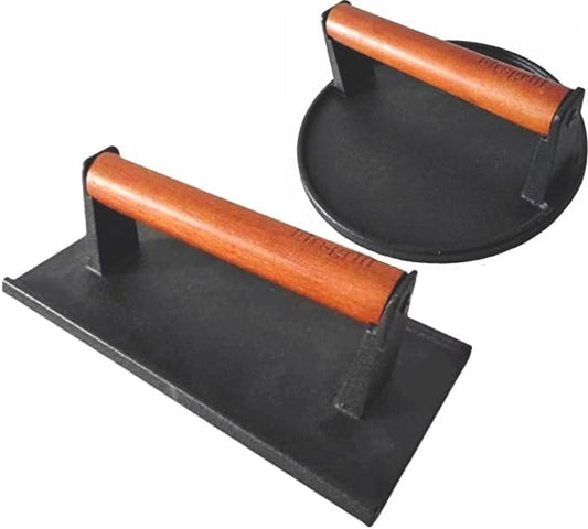 Cast Iron Grill Presses with Wood Handle (Round & Rectangle w Flat Bottom)
