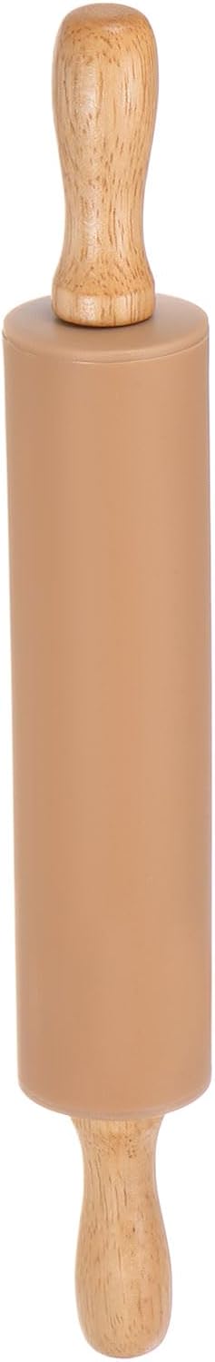 HARFINGTON Silicone Rolling Pins for Baking 12.2 Inch Non-Stick Silicone Surface Wooden Handle Rolling Pin Small Roller Playdough Rolling Pins for Fondant Kitchen Dough Pizza, Brown