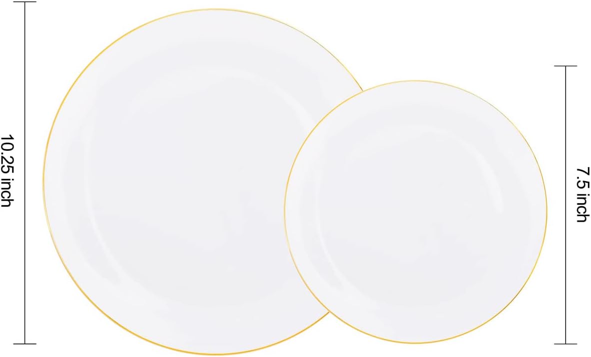 KIRE 60PCS Gold Plastic Plates - Heavy Duty White Disposable Plates with Gold Rim for Party/Wedding- Include 30Pieces 10.25inch Dinner Plate and 30Pcs 7.5inch Dessert Plate