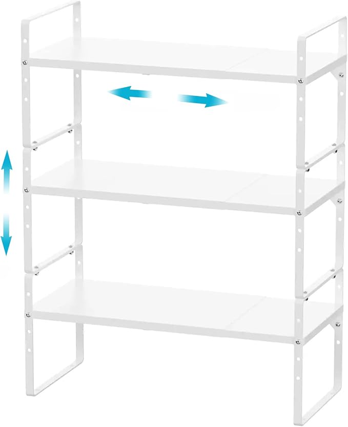 iPEGTOP Expandable Cabinet Storage Shelf Organizer Rack, Heavy Duty Cupboard Stand Spice Rack Adjustable Height Garage Pantry Shelf Space Riser for Counter Kitchen Organization, White, 3 Pack