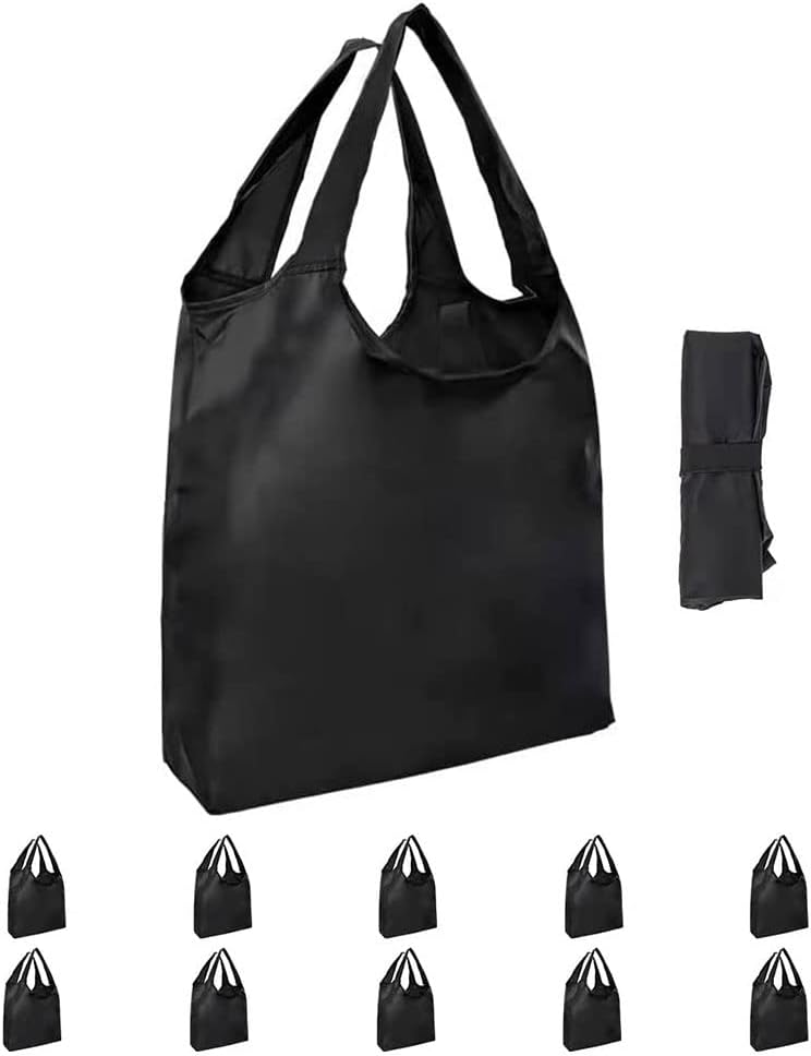 Aricsen 10 Pack Durable Folding Large Kitchen Reusable Shopping Bags with Handles Bulk, Recycle Foldable Grocery Heavy Duty Washable into Pocket Portable Nylon Tote, Polyester Cloth, Black