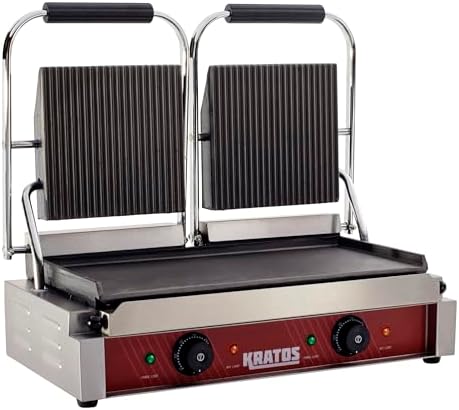 Kratos Commercial Electric Panini Sandwich Grill with Grooved Top and Smooth Bottom Plates, 18.7"x9" Cooking Surface, Commercial Countertop Panini Press, 120V, 3500W (29Y-025)