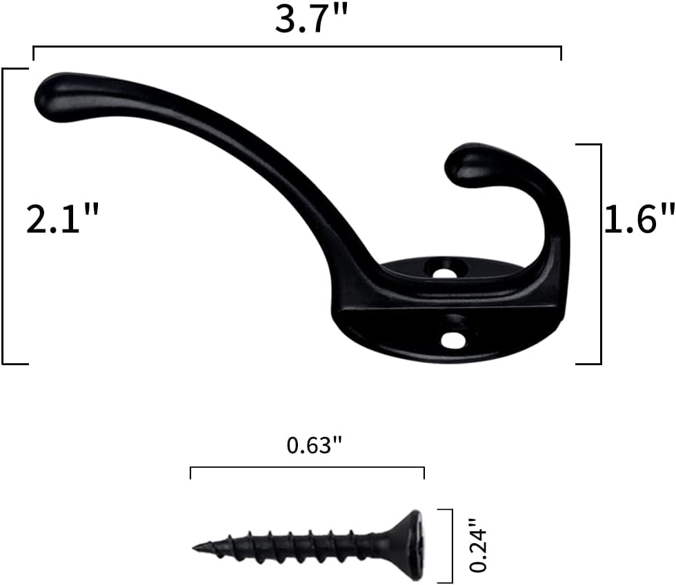 IBosins 30 Pack Heavy Duty Dual Coat Hooks Wall Mounted with 60 Screws Retro Double Hooks Utility Black Hooks for Coat, Scarf, Bag, Towel, Key, Cap, Cup, Hat