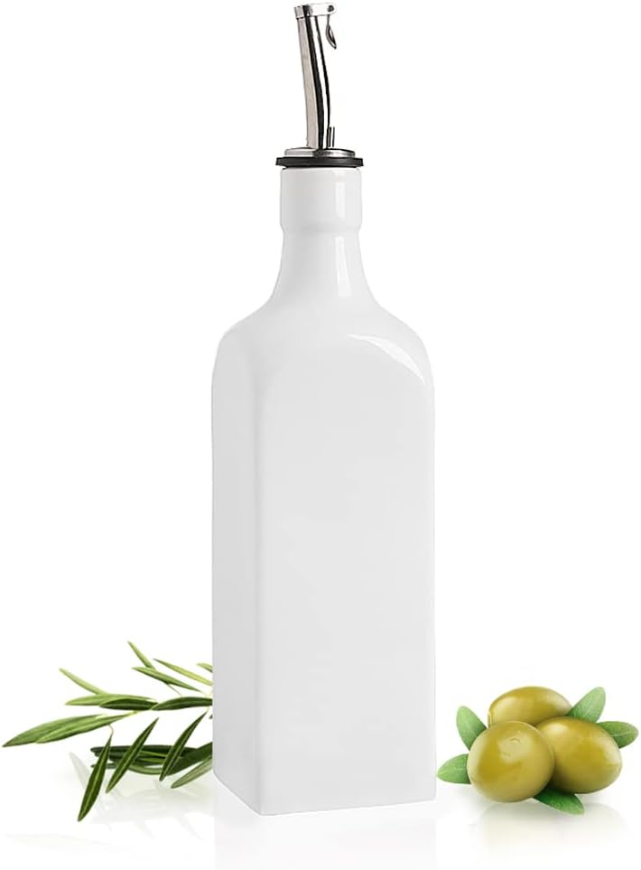 Sweejar 19 Fl Oz Ceramic Olive Oil Dispenser Bottle with Spout, Large Oil Dispenser for Kitchen, Opaque EVOO Oil and Vinegar Cruet for Cooking, Oil Container for Avocado Oil, Pack of 1 (White)